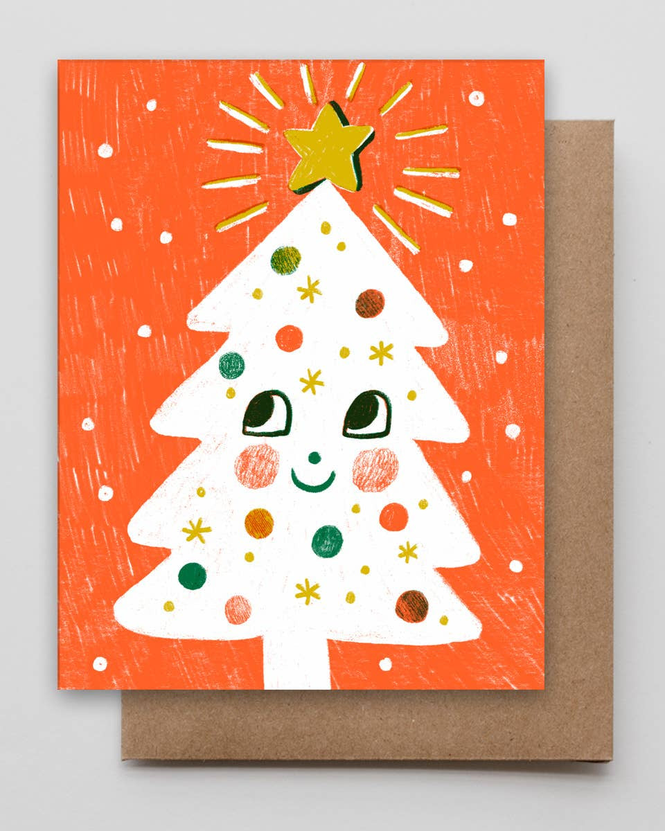 Christmas card with a cartoon tree on an orange background