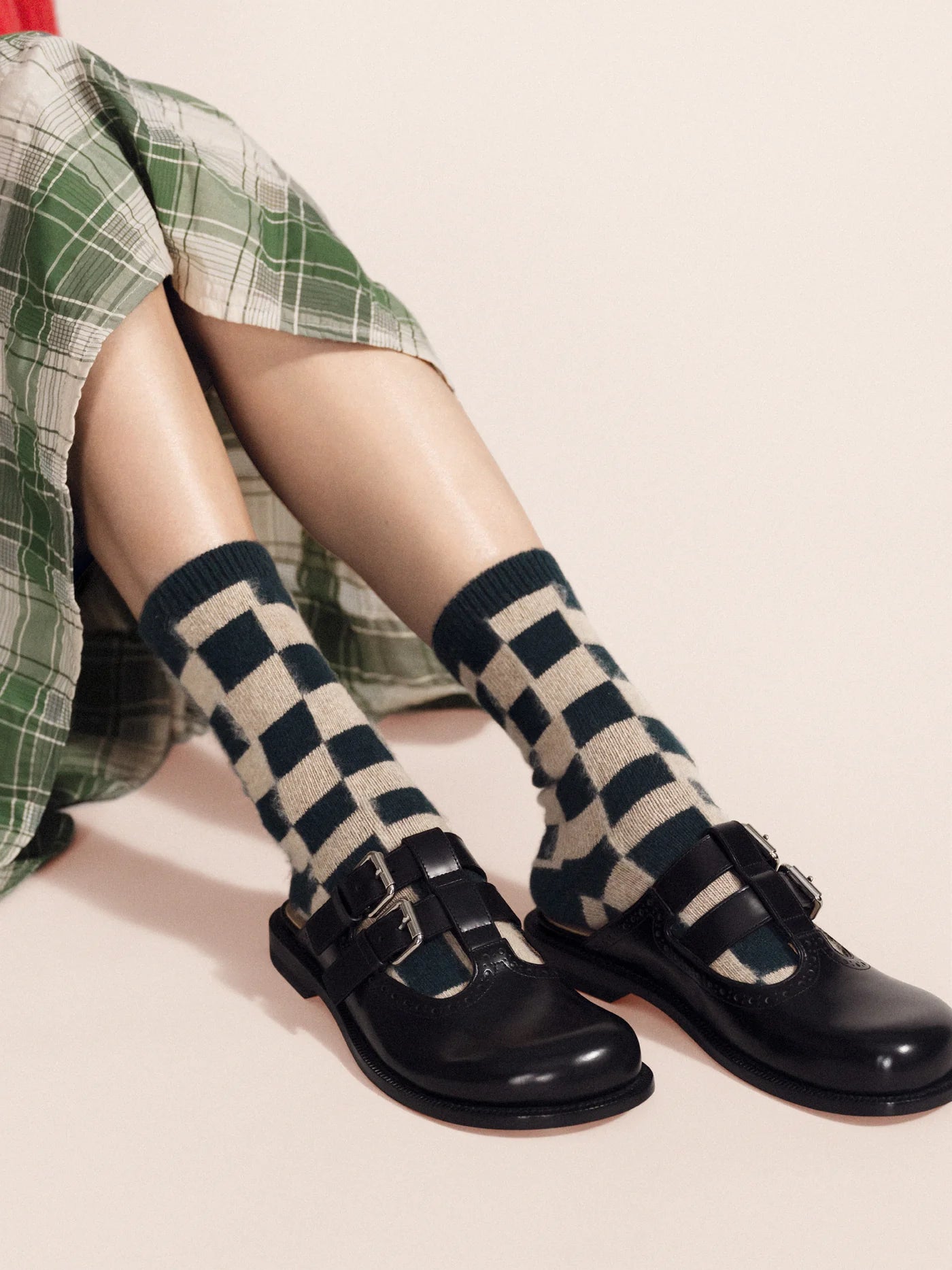 Dash Checkered Cashmere Crew - Forest