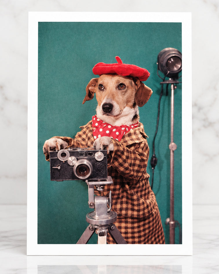 Postcard with a dog wearing a beret and holding a camera, placed on a marble surface.