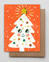 Christmas card with a cartoon tree on an orange background