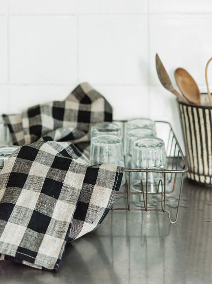 Thick Linen Kitchen Cloth - Black + Natural Check